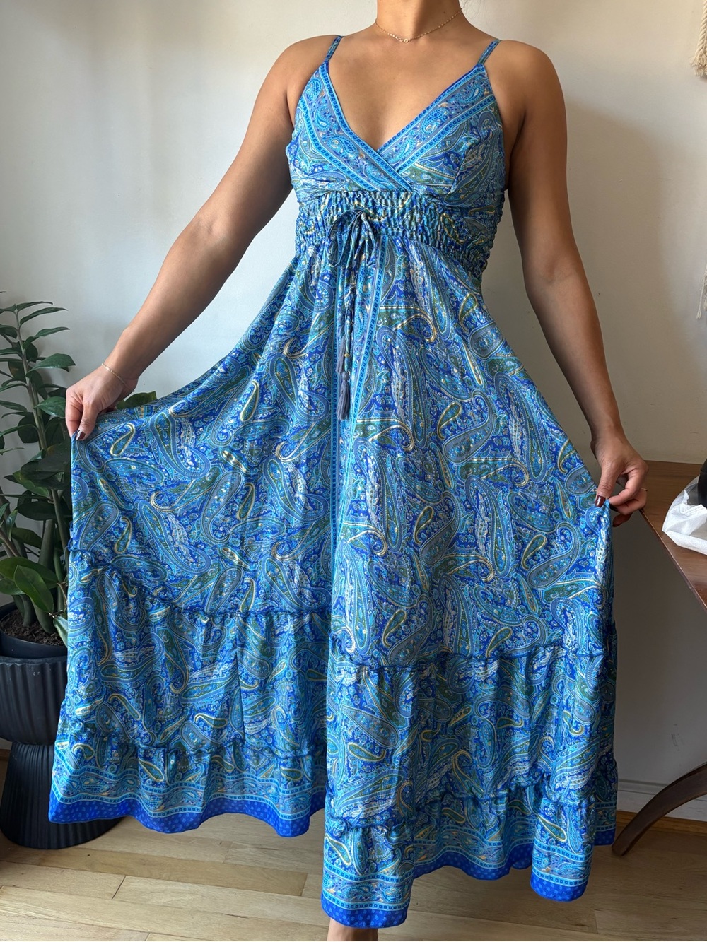 Sleeveless Blue Paisley Maxi Dress with Smocked Waist